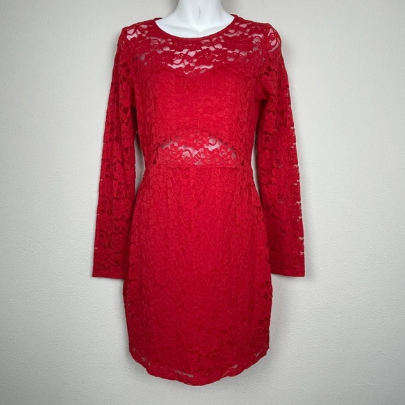 Express Y2K Coquette Red Sheer Lace Bodycon Mini Dress Long Sleeve Size S - Picture 1 of 6